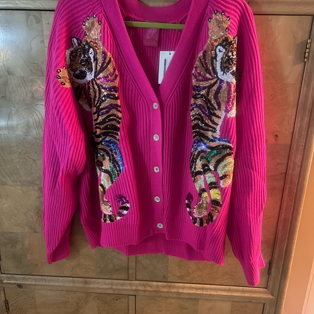 QUEEN OF SPARKLES Vibrant Pink Tiger Cardigan